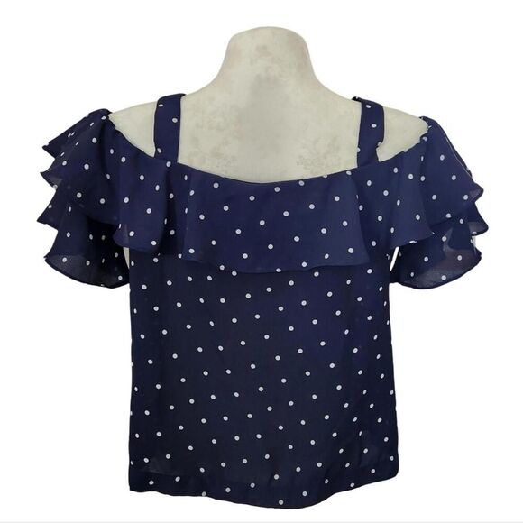 J. Crew Navy White Polka Dot Cold Shoulder Ruffle Top Women’s Size 10 - Picture 5 of 8